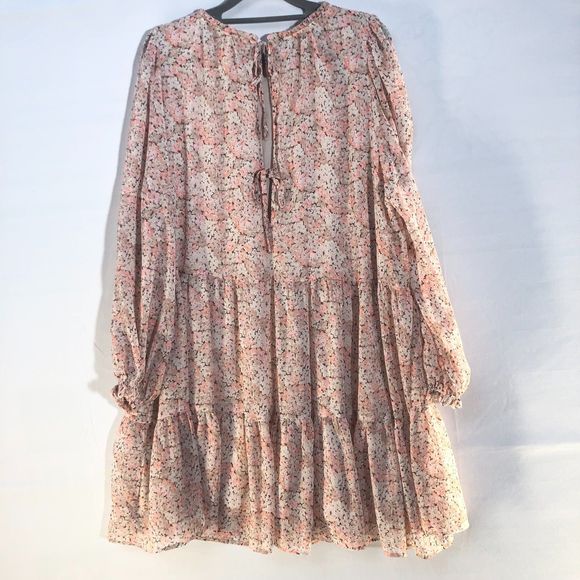 Pink & White Floral Tiered Chiffon Crêpe Puff Sleeve Flowly Mini Dress Ruffle M - Picture 4 of 8